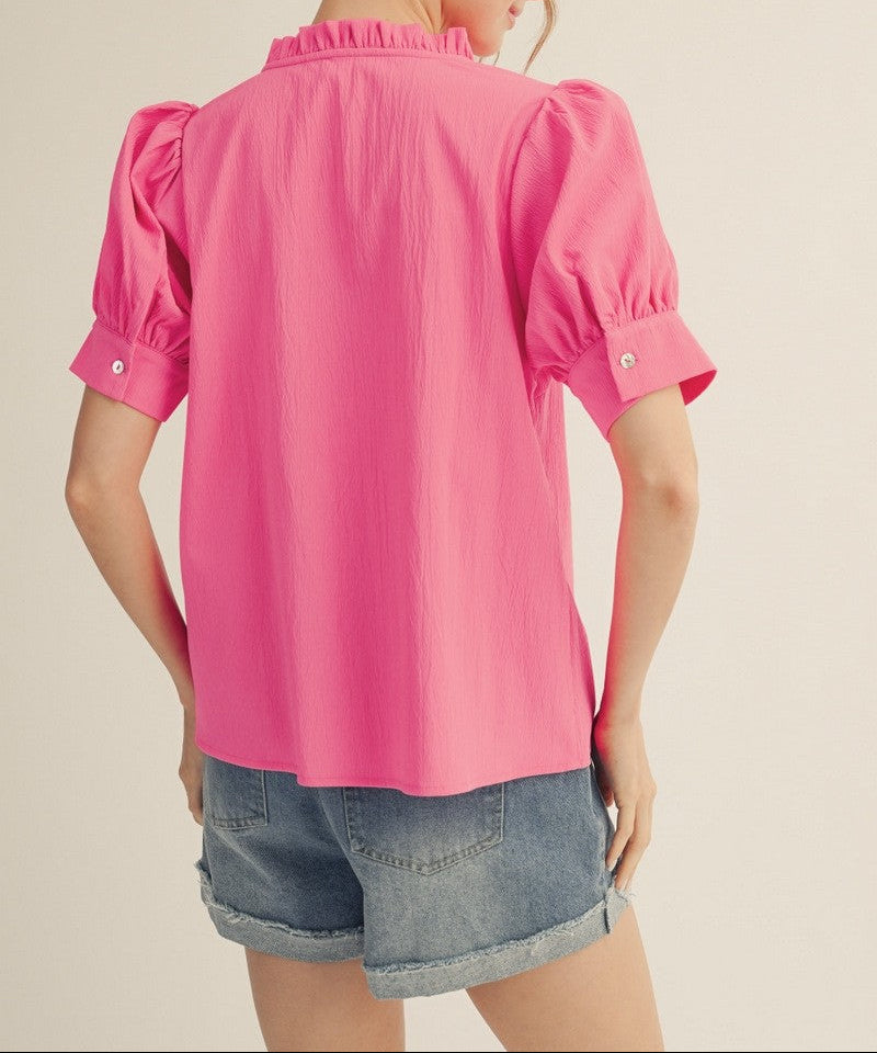 World Traveler Puff Shoulder Ruffled Neckline Crinkle Solid Top - Hot Pink