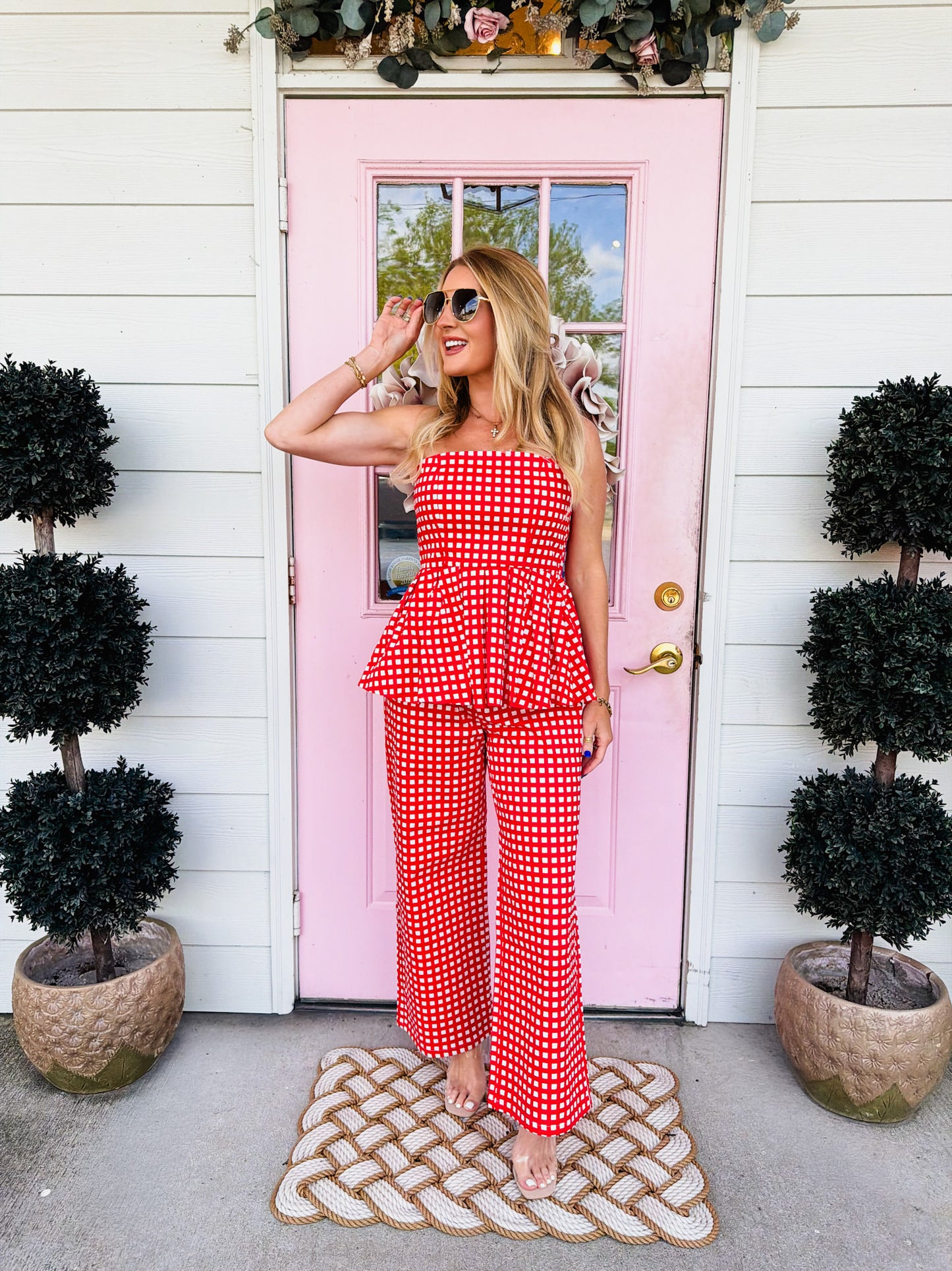 Pick Me Checkered Strapless Peplum Top - Red