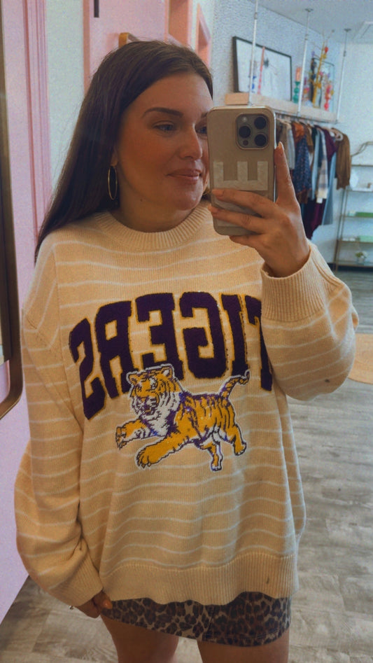 Queen Of Sparkles Licensed LSU Beige Stripe Vintage Team Sweater
