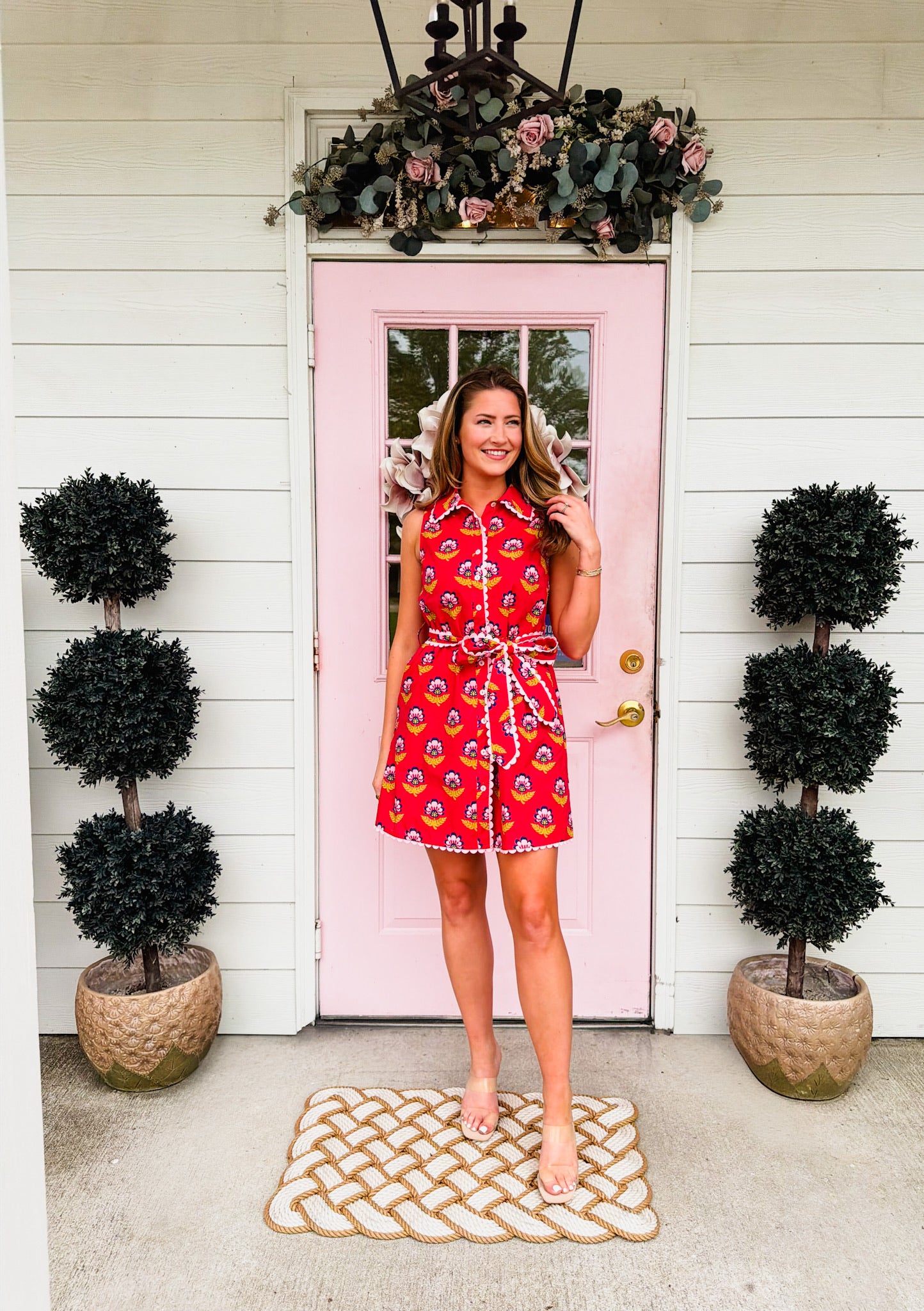 Wild Flower Contrast Scalloped Trim Detail Dress - Berry