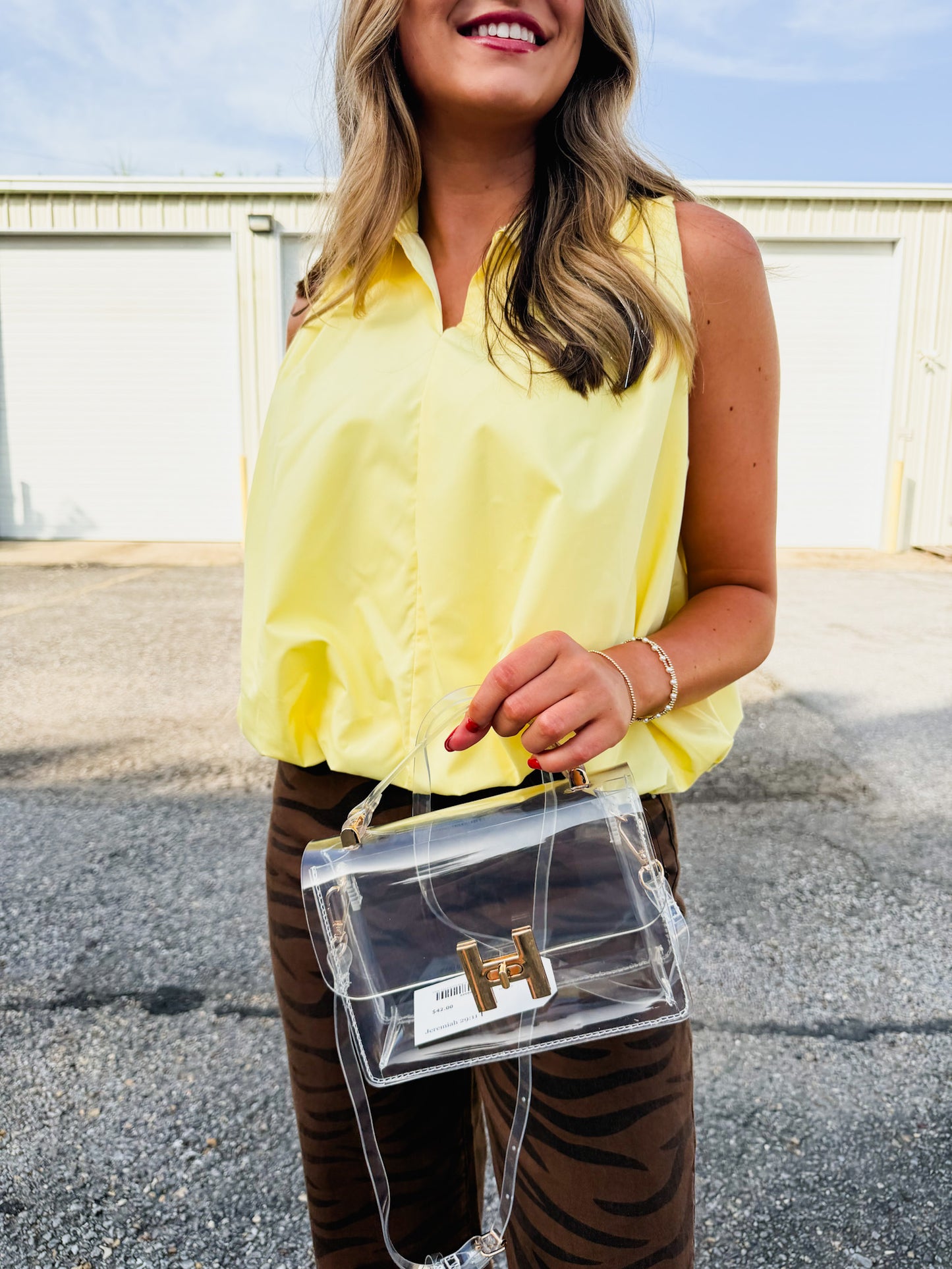 Clear Top Handle Bag with Gold Buckle Closure