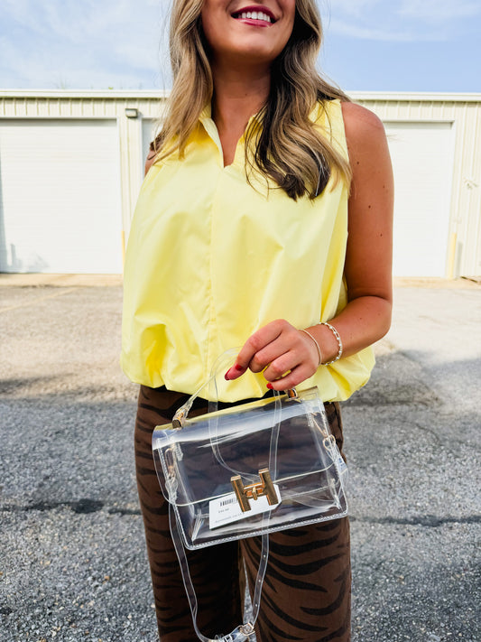 Clear Top Handle Bag with Gold Buckle Closure