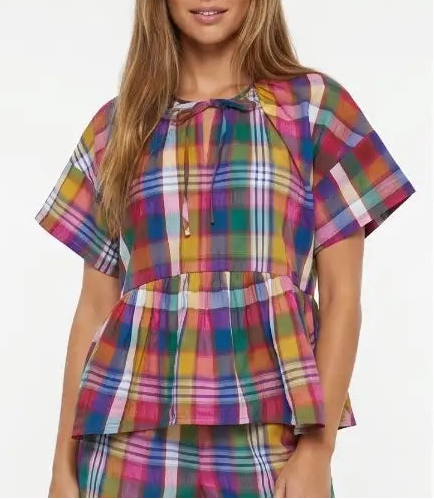Big Town Multi Color Plaid Babydoll Top - Pink/Navy Plaid