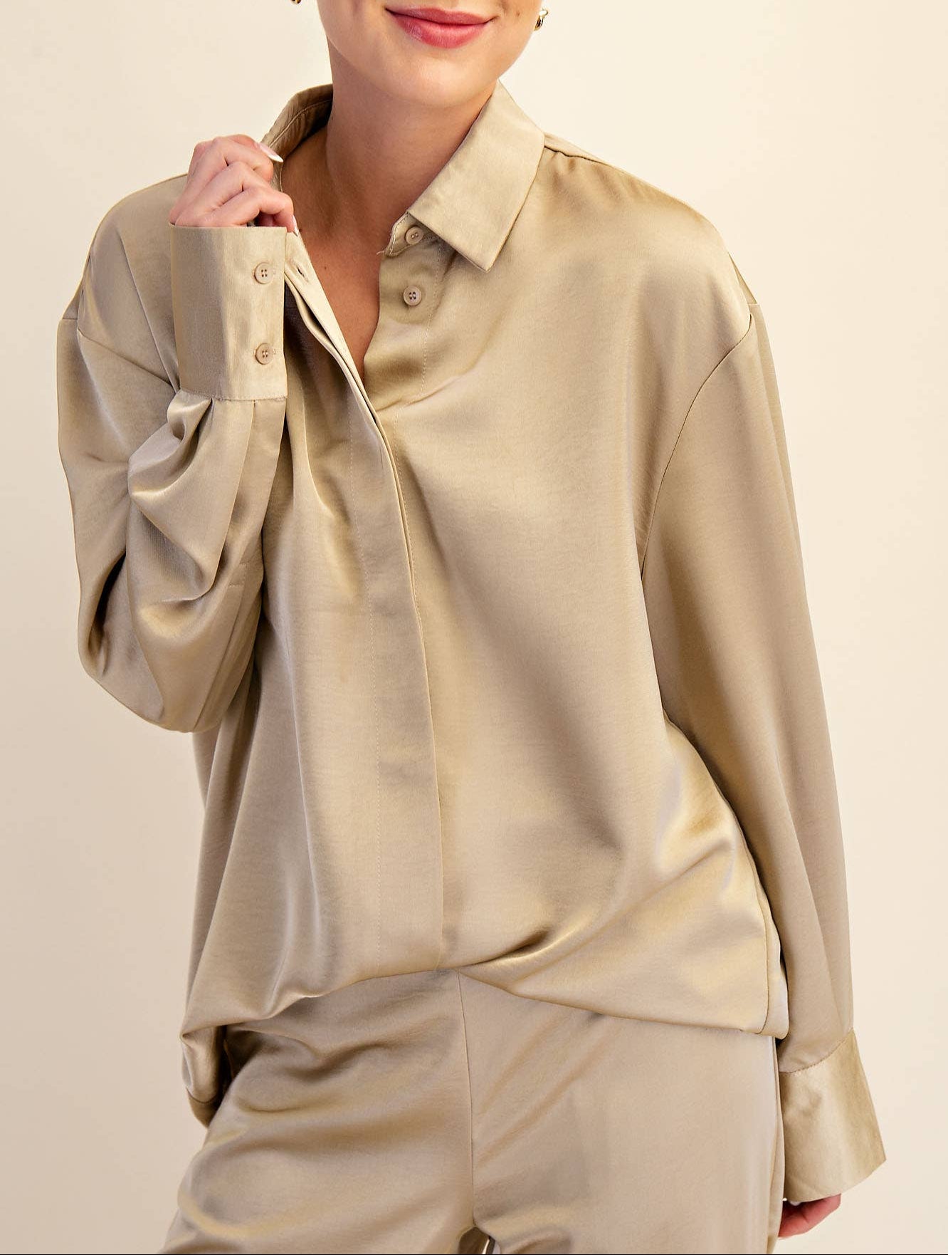 Meeting Adjourned Lapel Collar Satin Shirt - Taupe