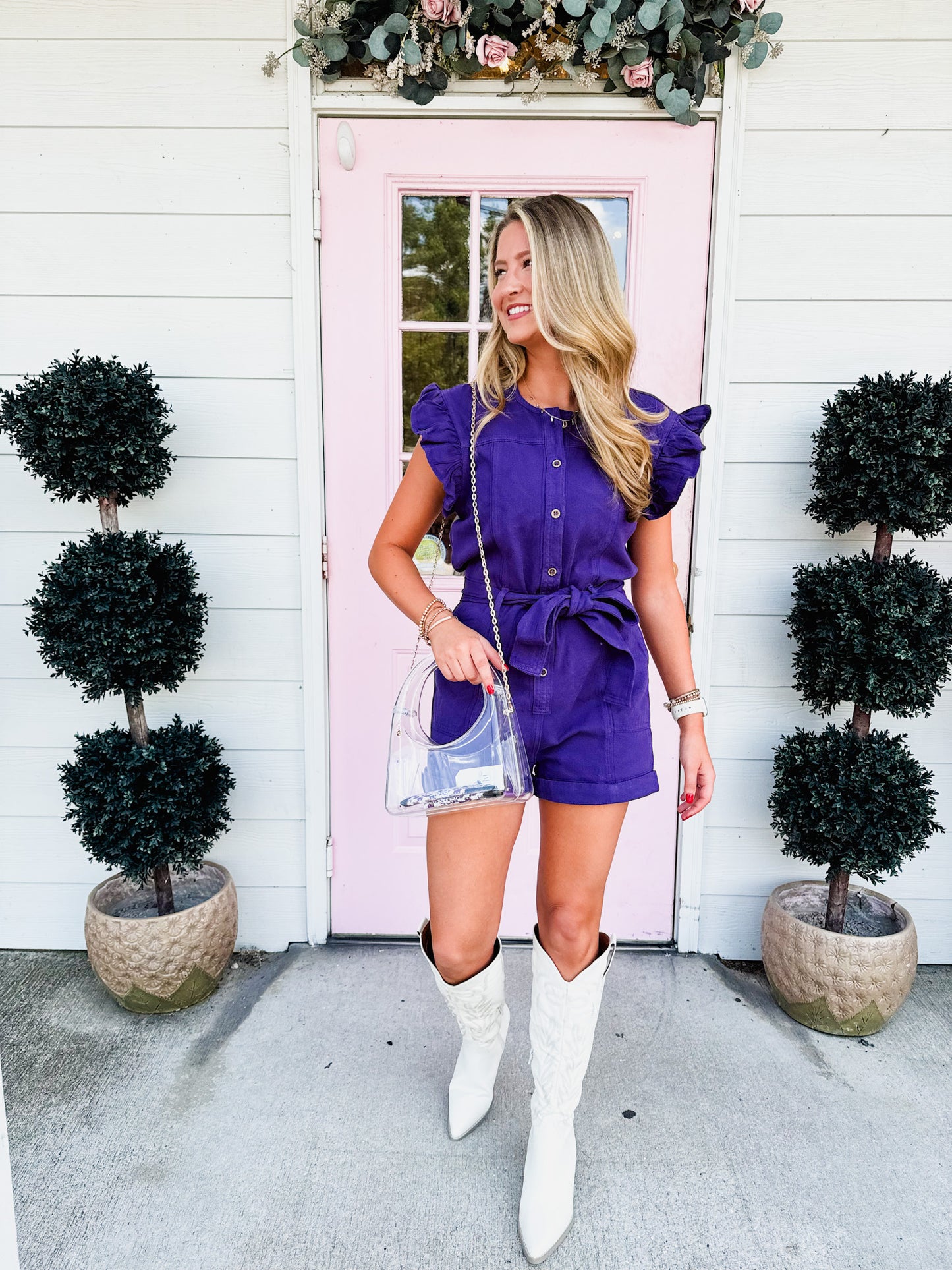 Game Day Ready Denim Belted Romper - Purple