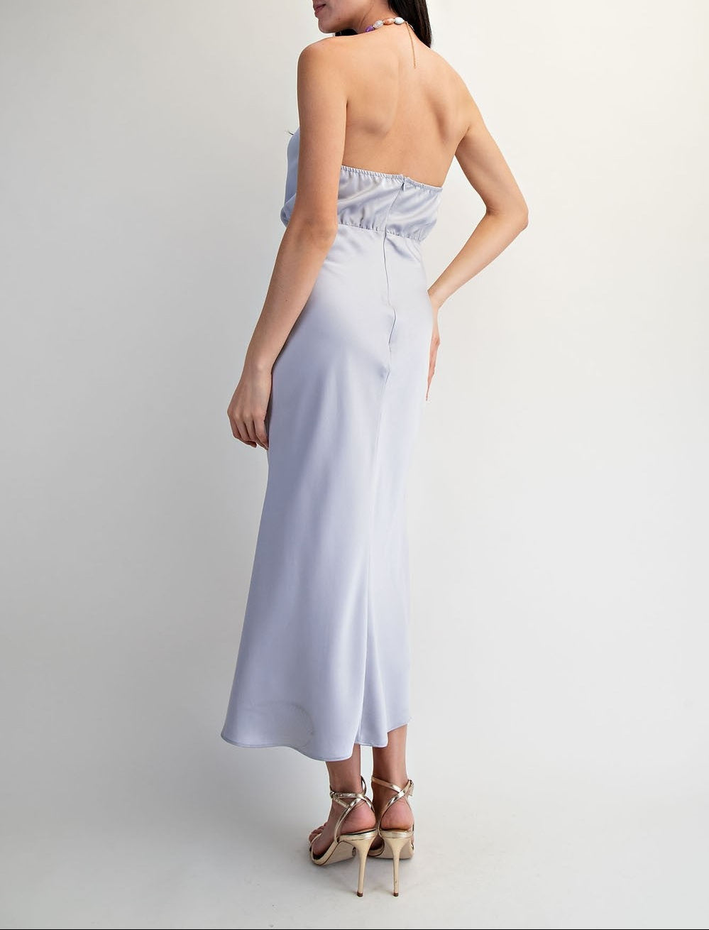 Lady Luck Beads Halterneck Satin Midi Dress - Silver