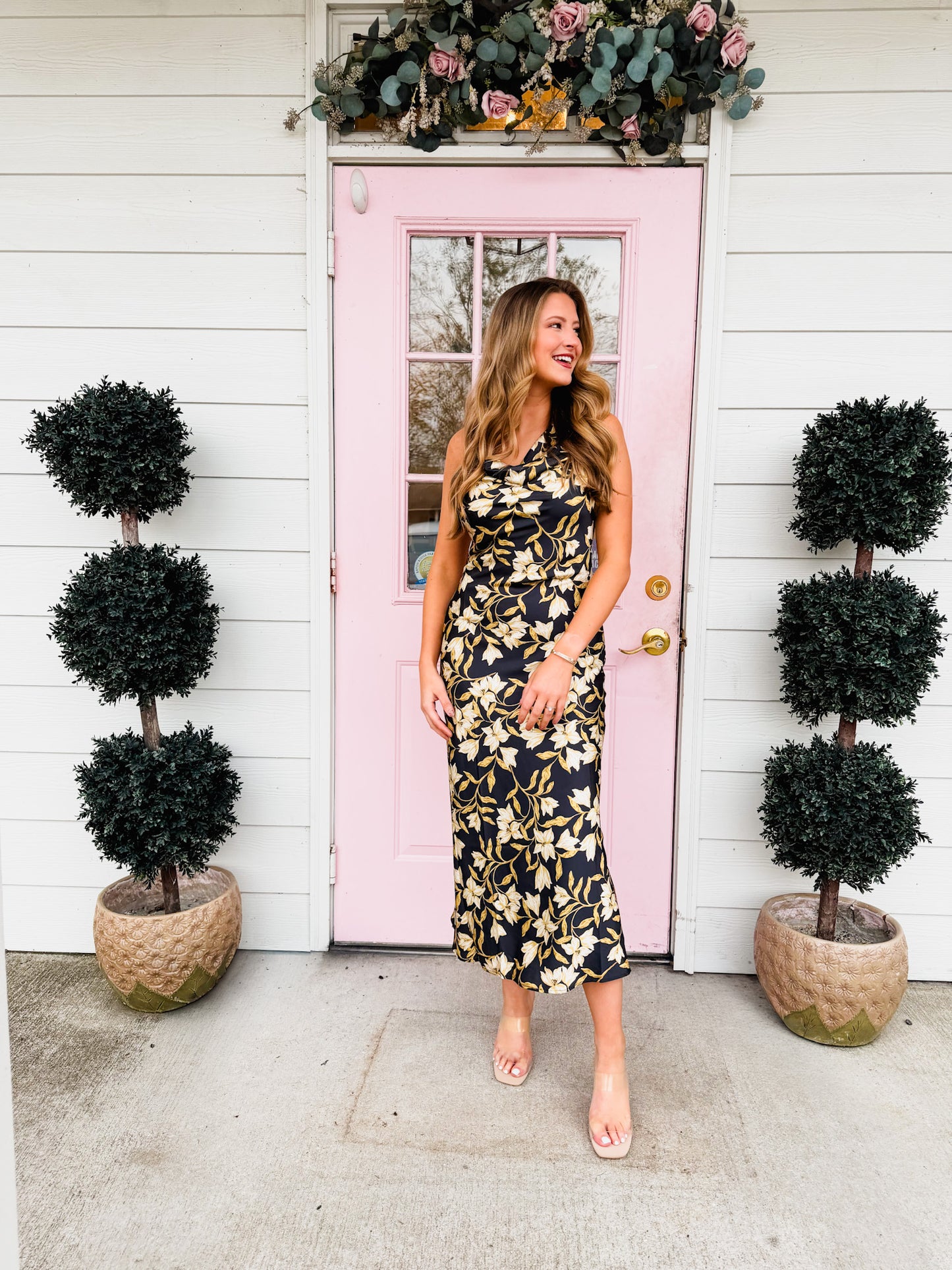 Gala Cowl Neck Floral Bias Midi Dress - Black Multi