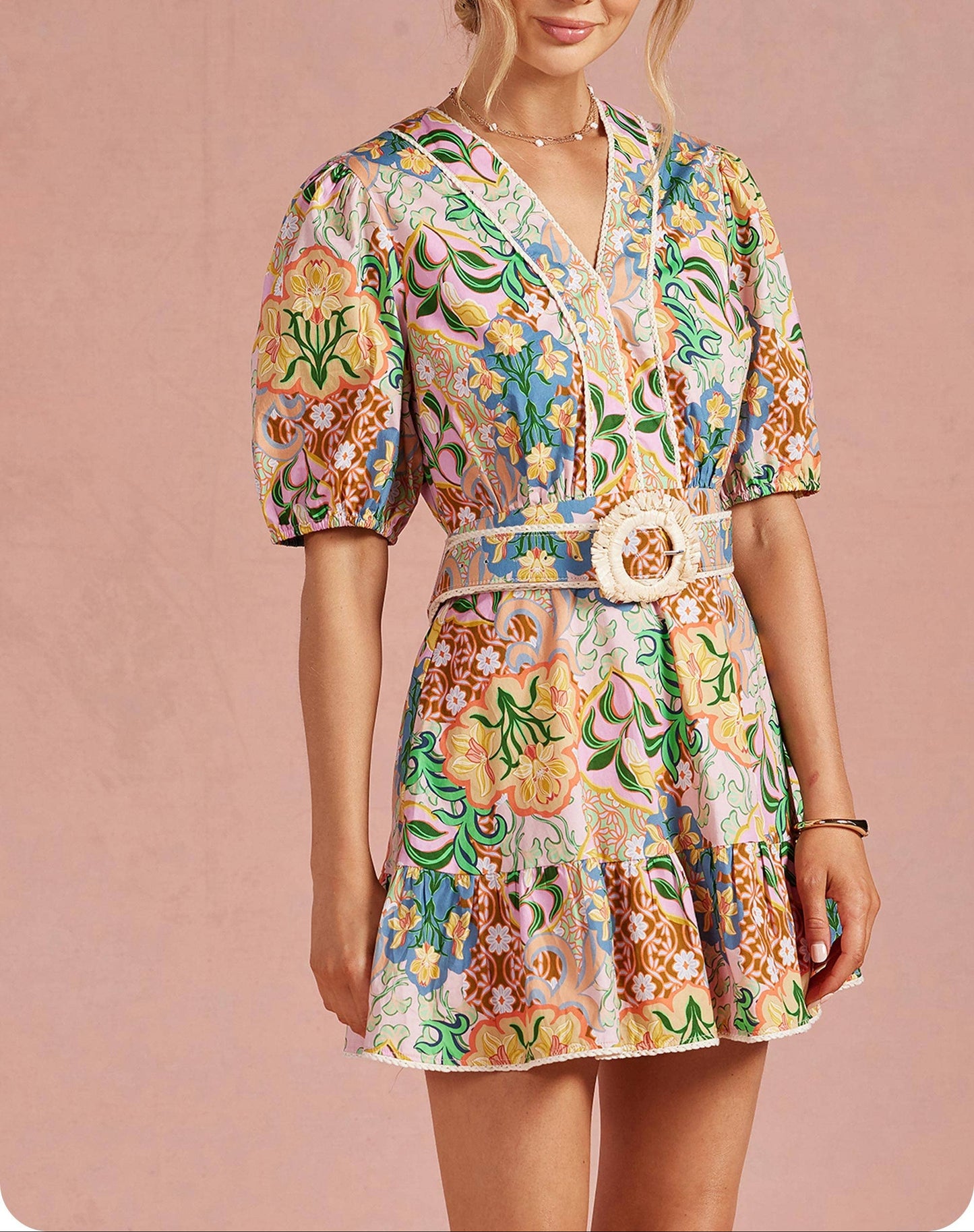 Garden Party Puff Sleeve Belted Dress - Multi