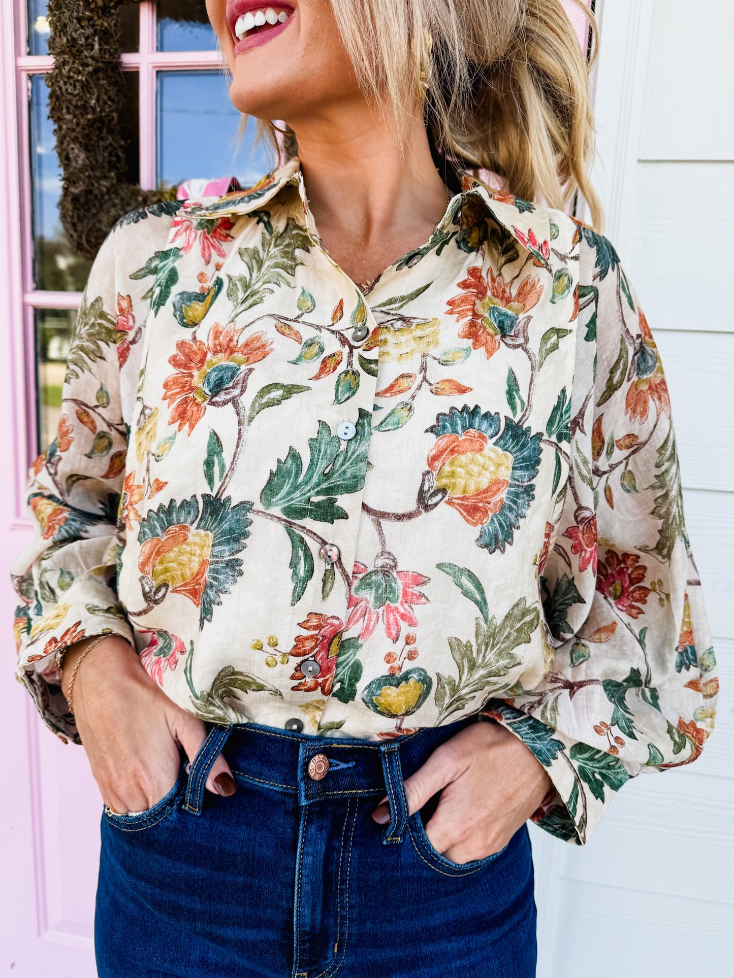 Colors Of The Wind Floral Button Down Top - Ecru