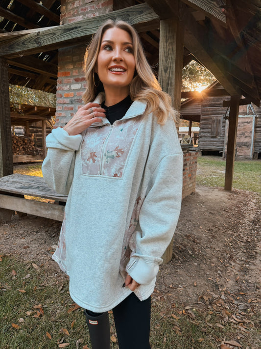 Camo Leaves Patchwork Quarter Zip Oversized Pullover - Grey