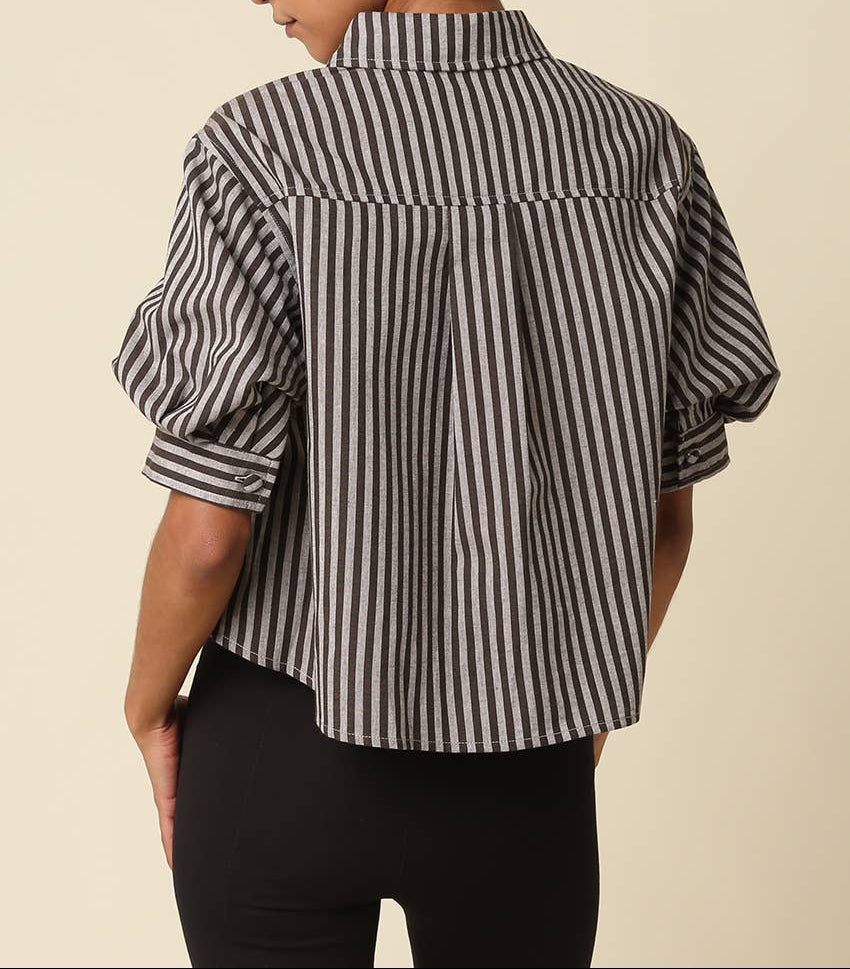 May Stripe Puff Sleeve Shirt - Brown