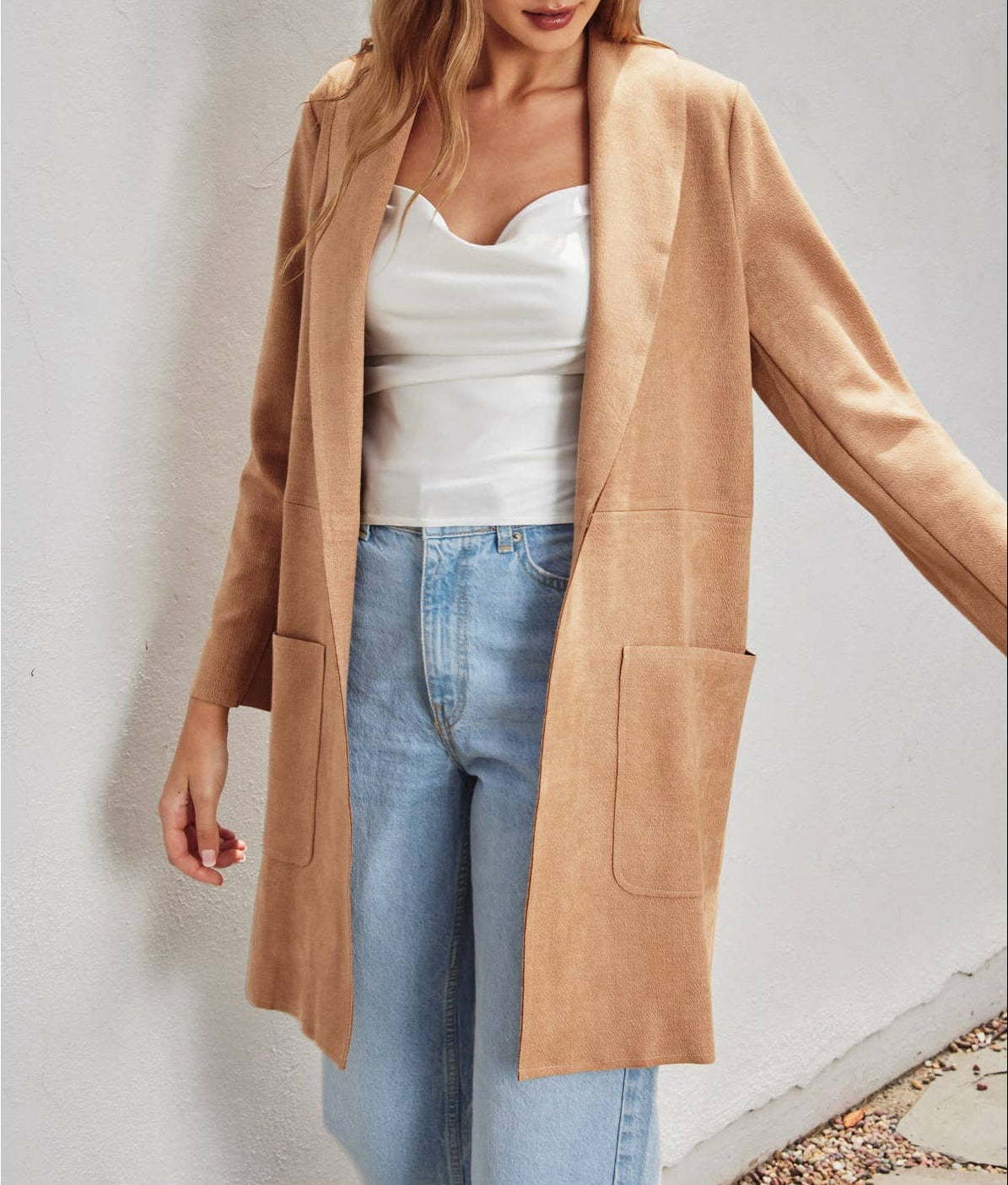 Adventure Awaits Textured Scuba Open Front Coat - Tan