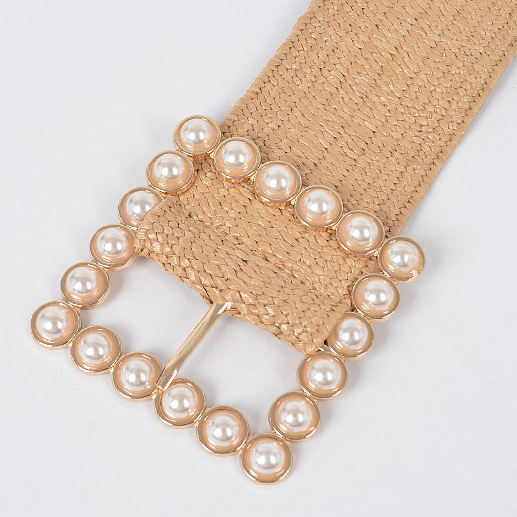 Pearl Buckle Elastic Belt - Khaki