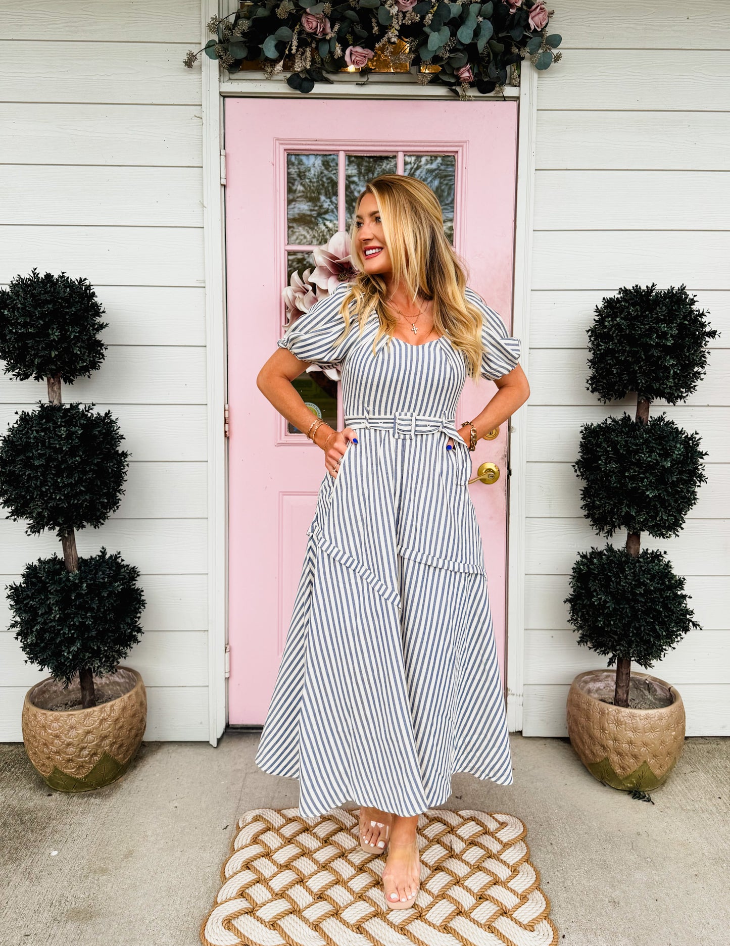 Good Day Belted Puff Sleeve Midi Dress - Navy Stripe