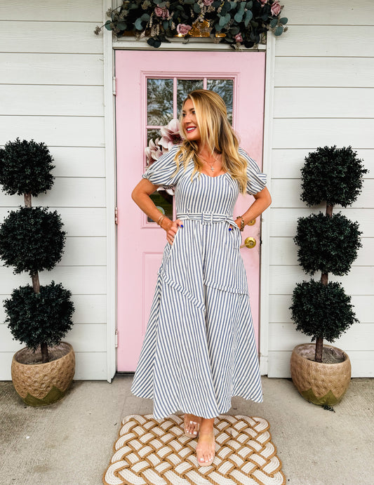 Good Day Belted Puff Sleeve Midi Dress - Navy Stripe