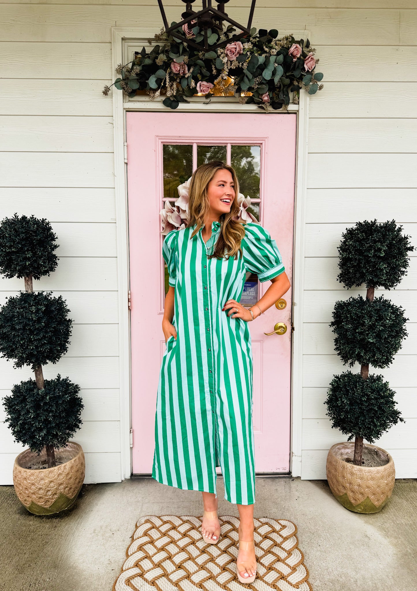 Handle with Care Striped Puff Sleeve Midi Dress - Green