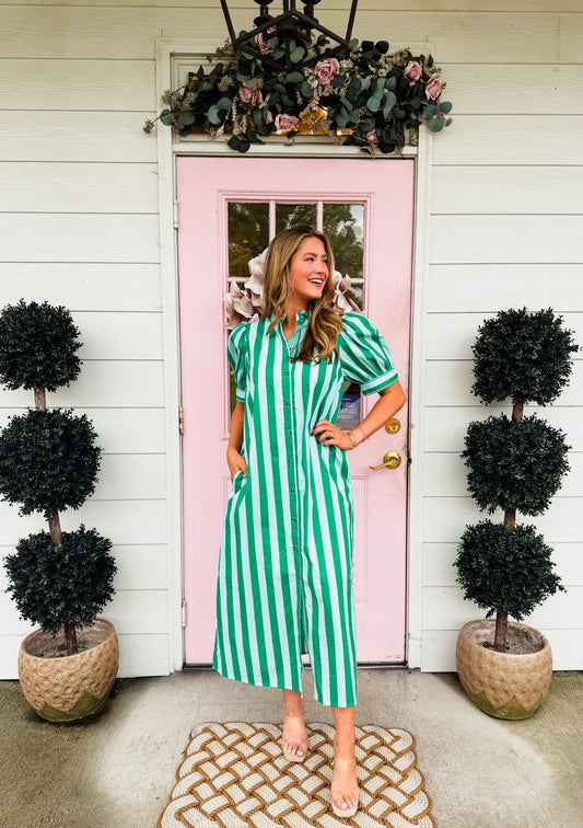 Handle with Care Striped Puff Sleeve Midi Dress - Green