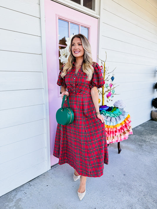Very Merry Plaid Puff Sleeve Midi Dress - Red