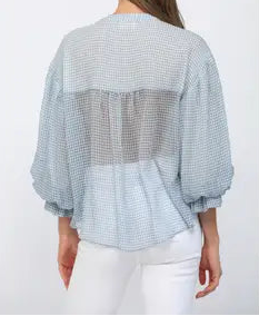 Picture It Gingham Print Voluminous Sleeve Top - Cream/Dusty Blue