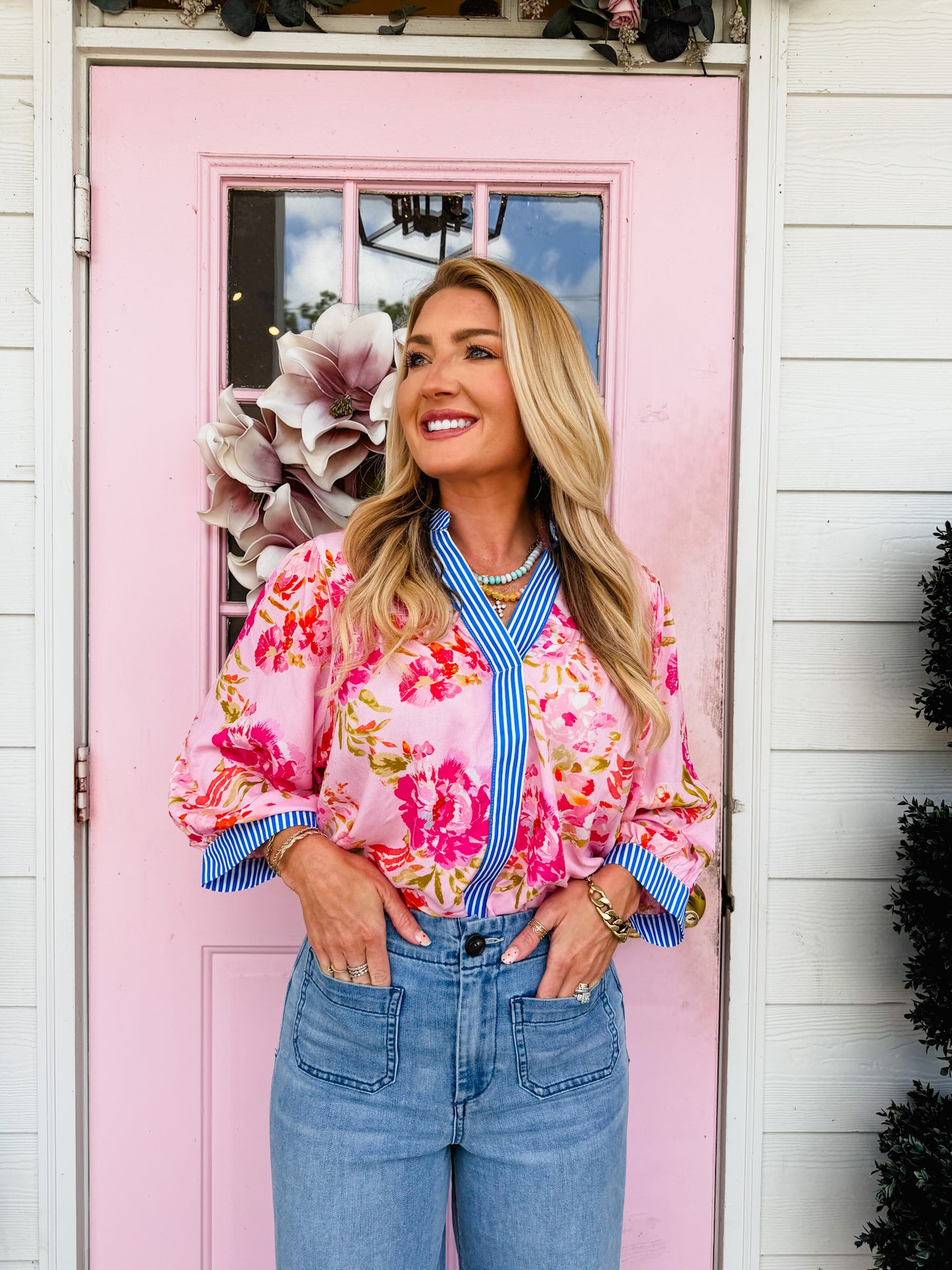 Floral Half Sleeve Striped Trim V-Neck Top - Multi
