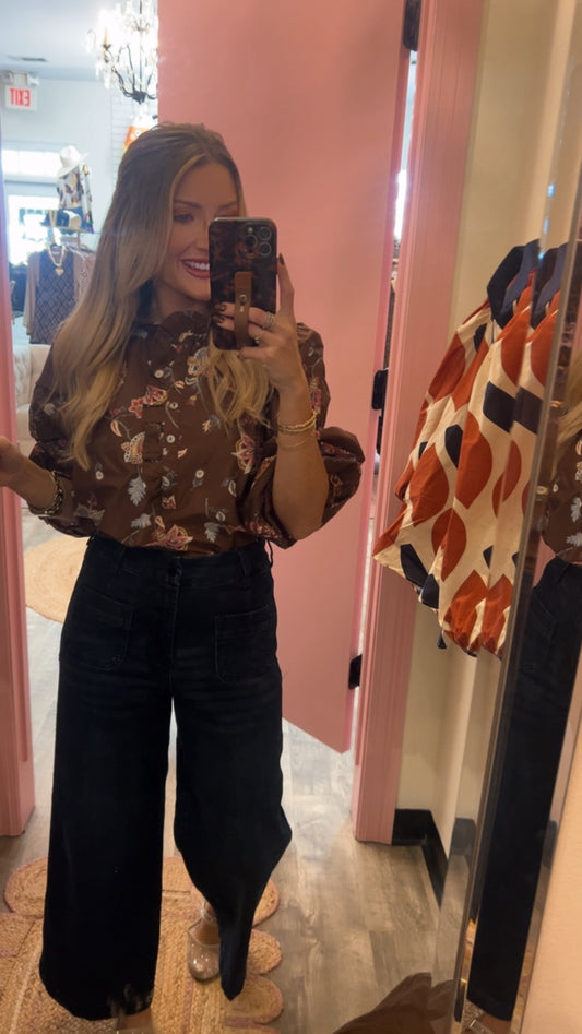 Forward Thinking Floral Ruffle Collar Top - Brown