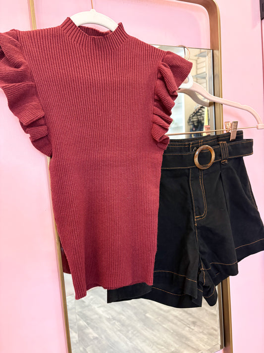 Tiffany Mockneck Ruffle Tank Sweater - Burgundy