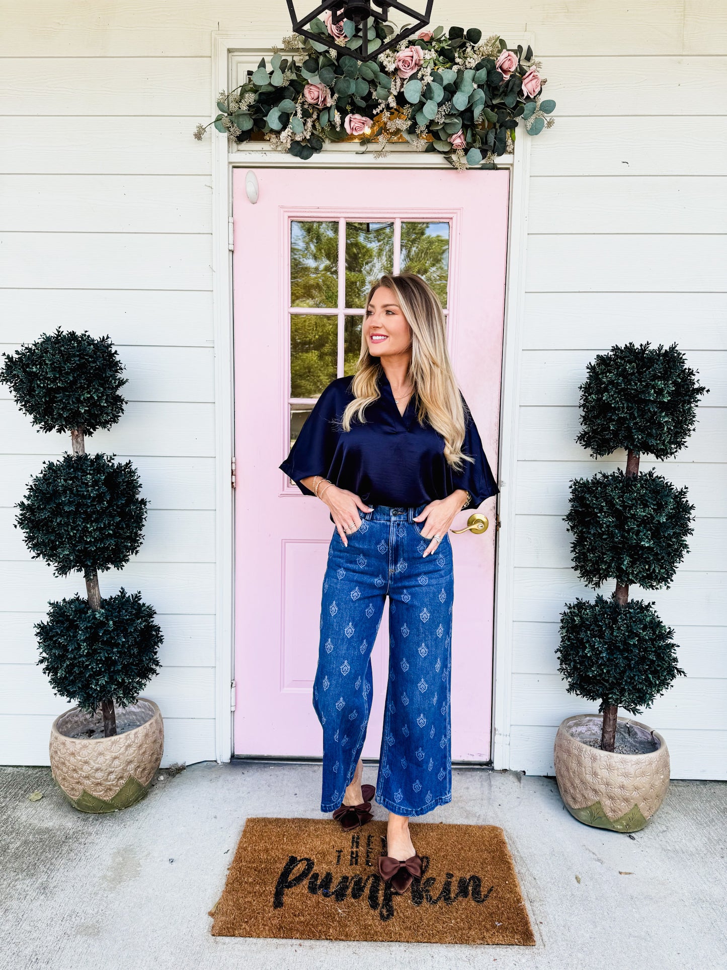 Collar V-Neck Oversized Top - Navy