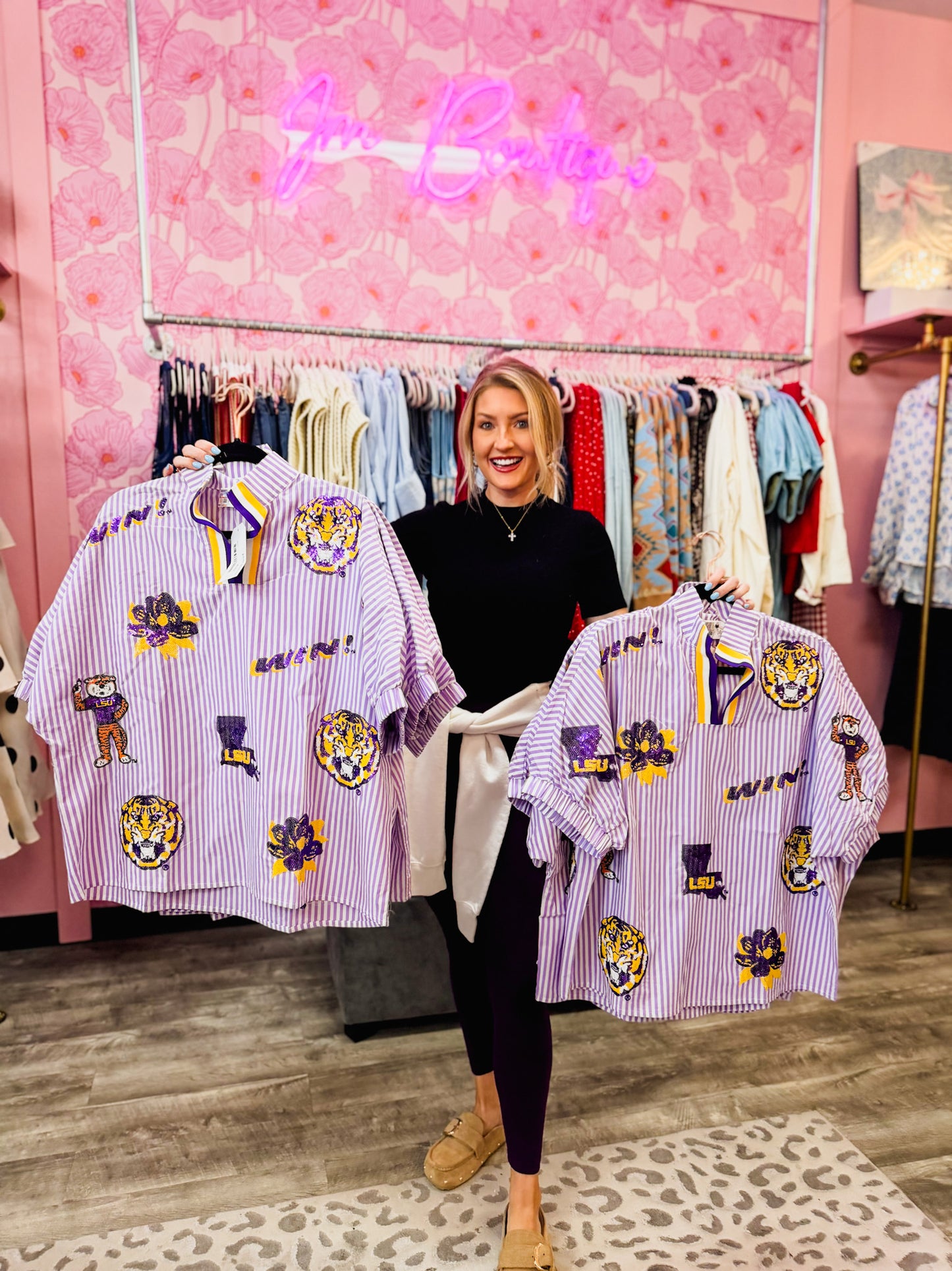 Licensed LSU Scattered Logo Striped Collared Top - Purple/White