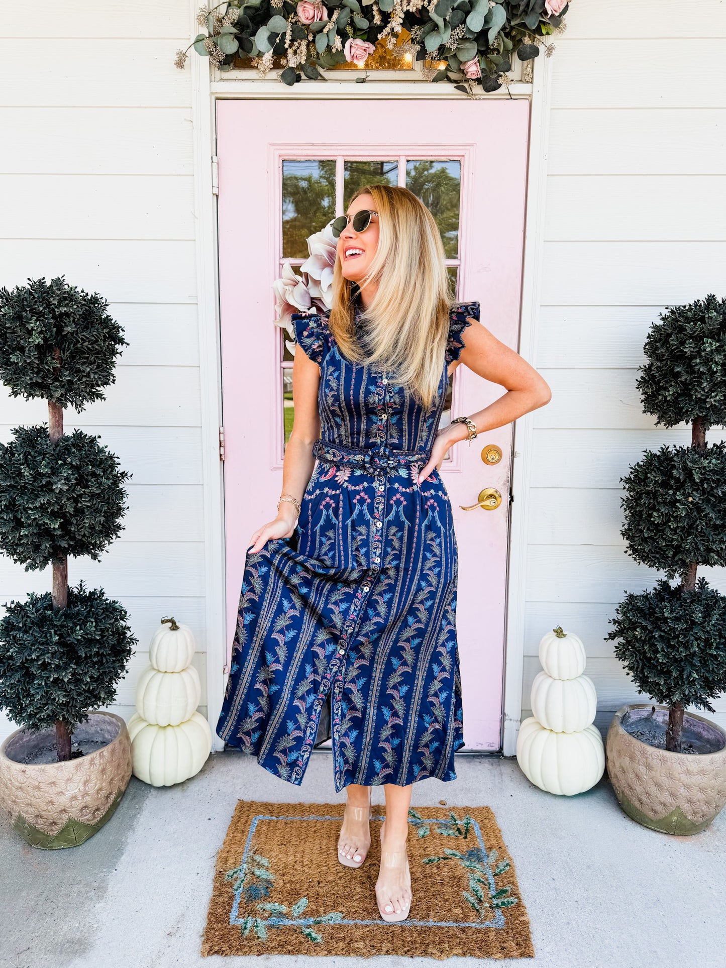 Karly Ruffled Sleeves Shirt Midi Dress - Navy Multi