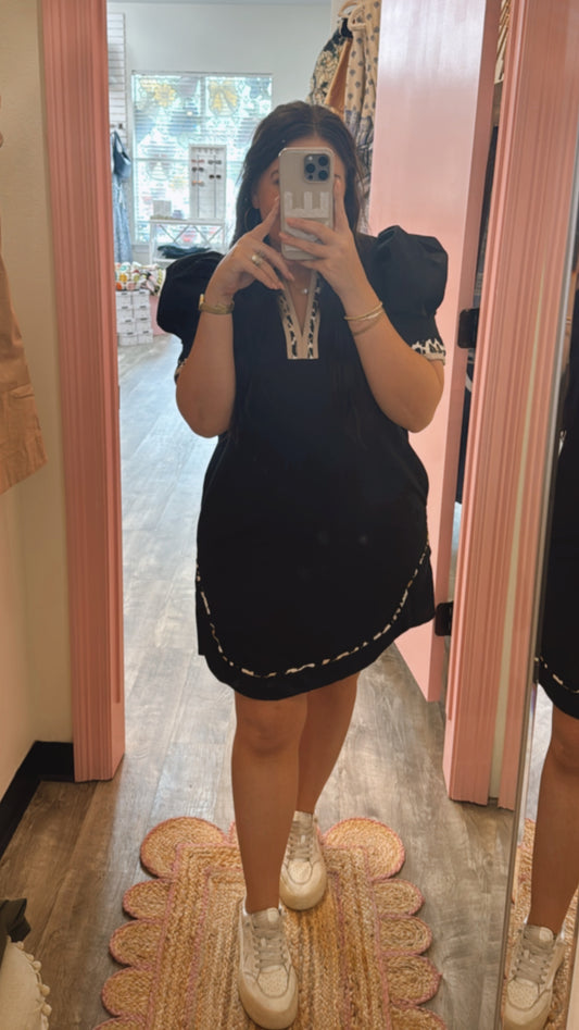 Kingdom Leader Puff Sleeve Animal Trim Dress -  Black