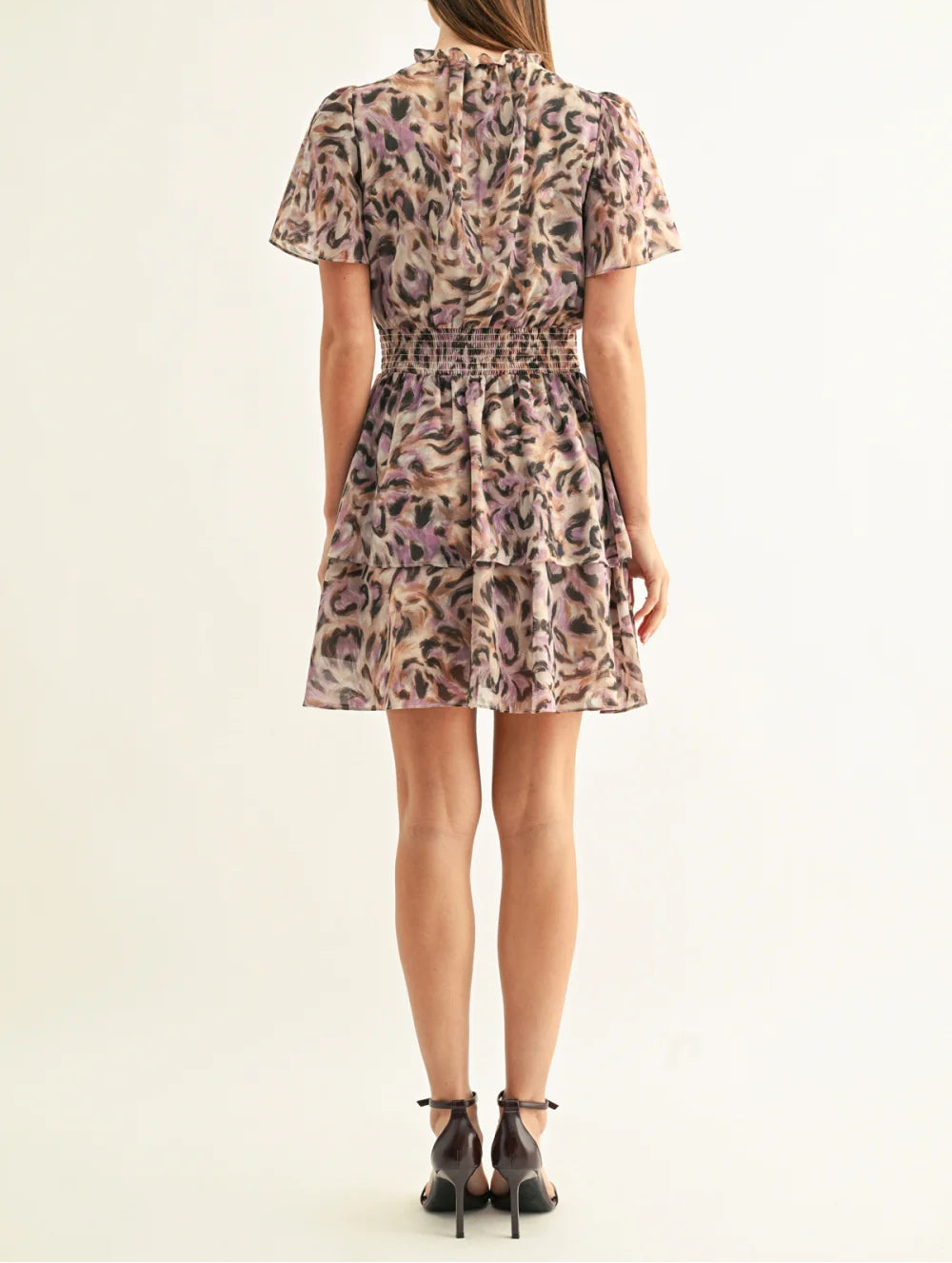 Lorena Flutter Sleeves Tiered Mini Dress - Lavender/Black