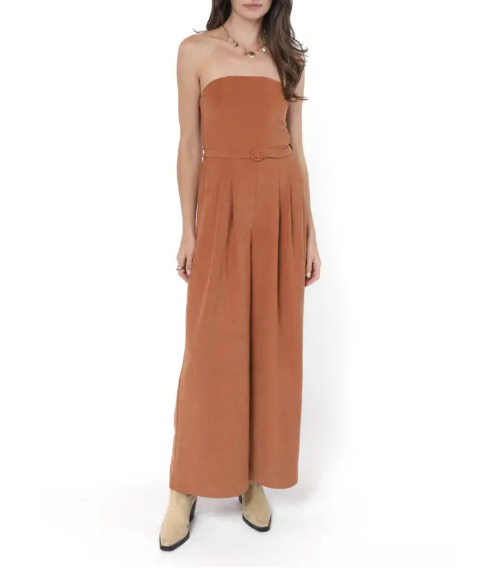 Sundown Tube Top Jumpsuit with Belt - Rusty Bown