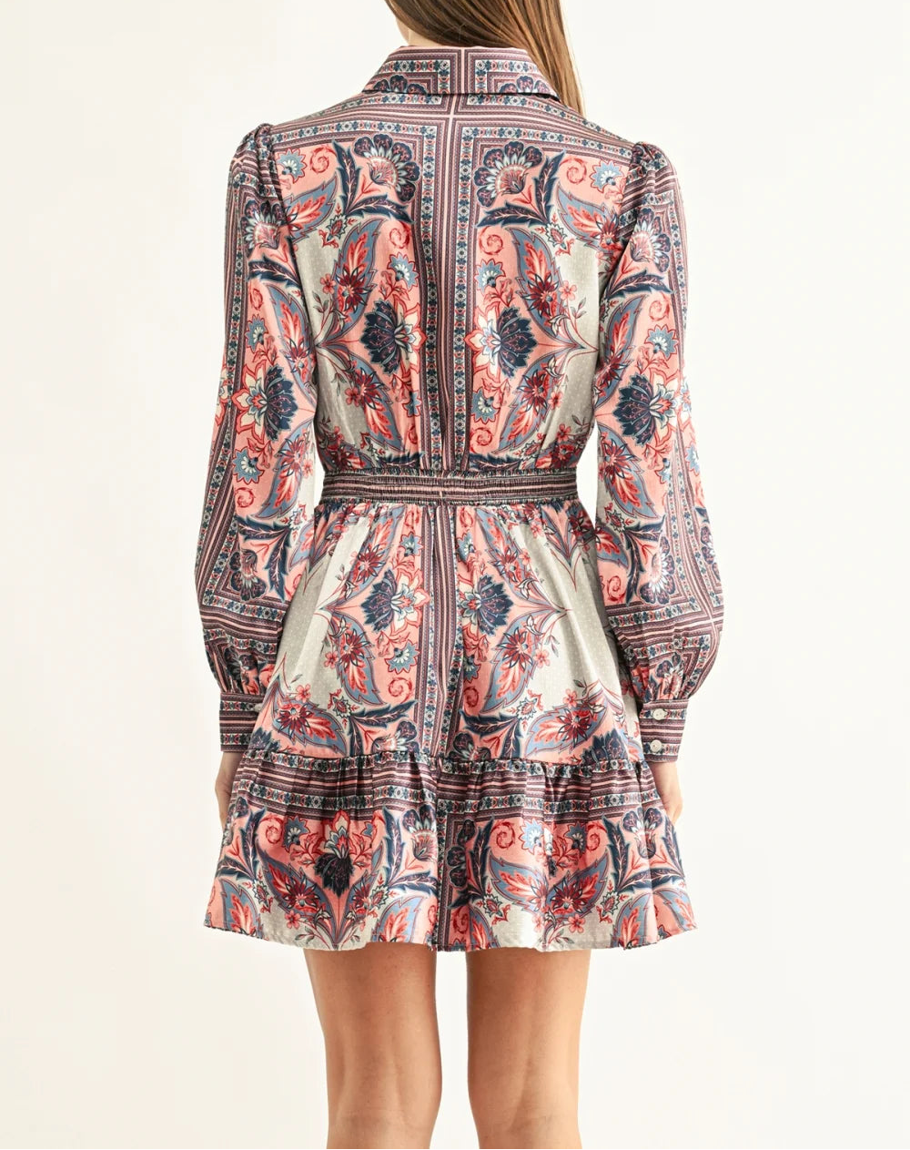 Peyton Long Sleeve Smocked Shirt Dress - Coral Multi