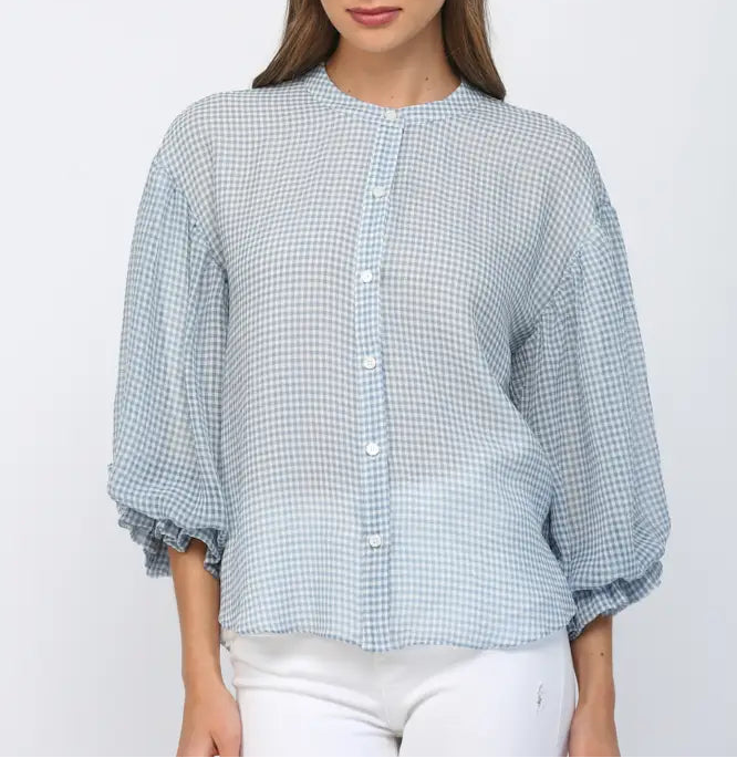 Picture It Gingham Print Voluminous Sleeve Top - Cream/Dusty Blue
