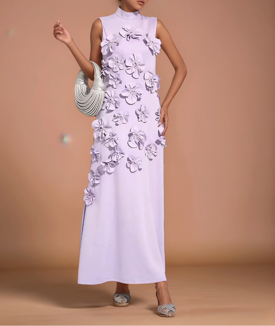 Born To Shine High-neck Sleeveless 3D Flower Maxi Dress - Purple