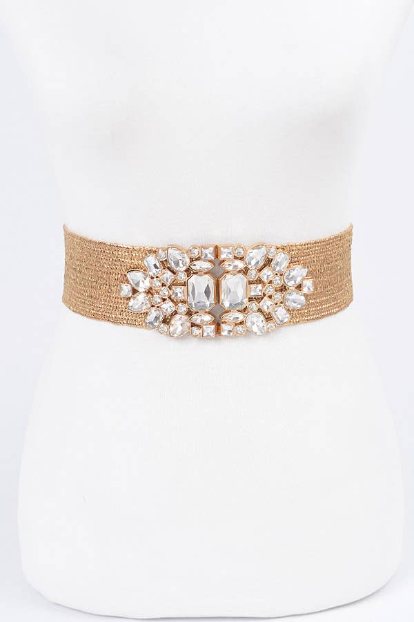 Multi Stone Metallic Straw Stretch Belt - Gold
