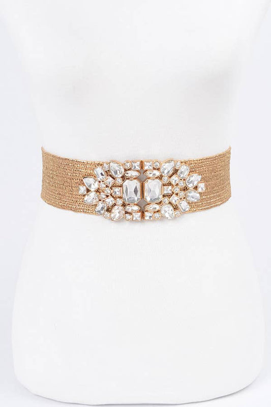 Multi Stone Metallic Straw Stretch Belt - Gold