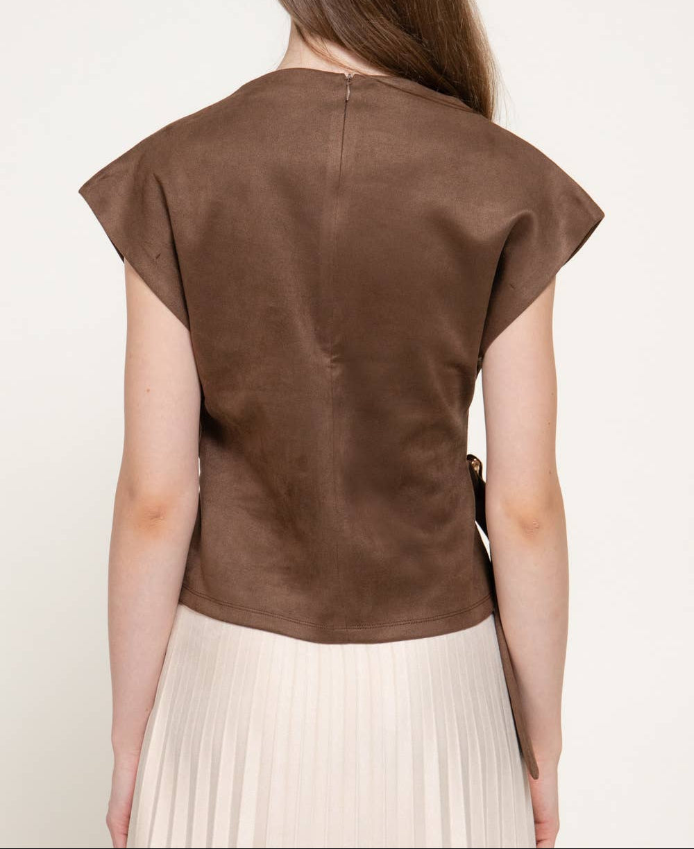 Easy Does It High Neck Faux Suede Top with Side Buckle - Mocha Brown