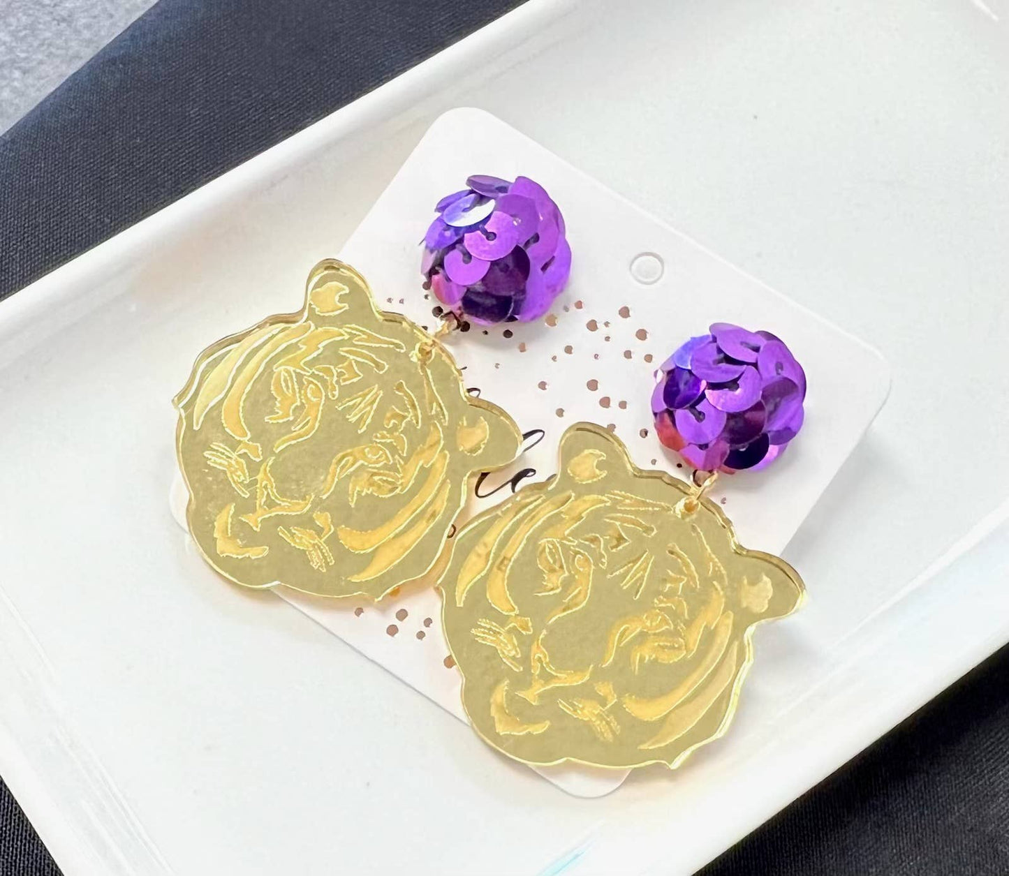Sequin Purple and Gold Tiger Drop Earrings