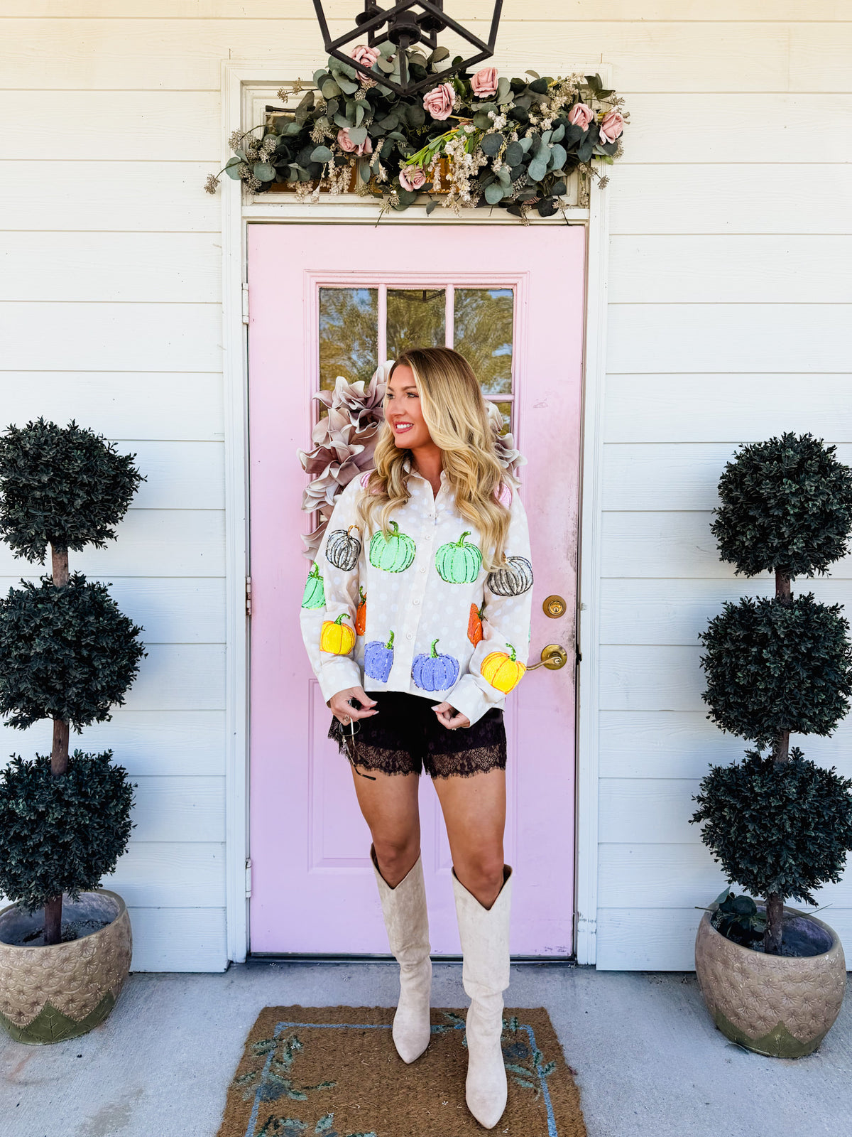 Queen of Sparkles Beige & White Polkadot Multi Pumpkin Cotton Button Up Top