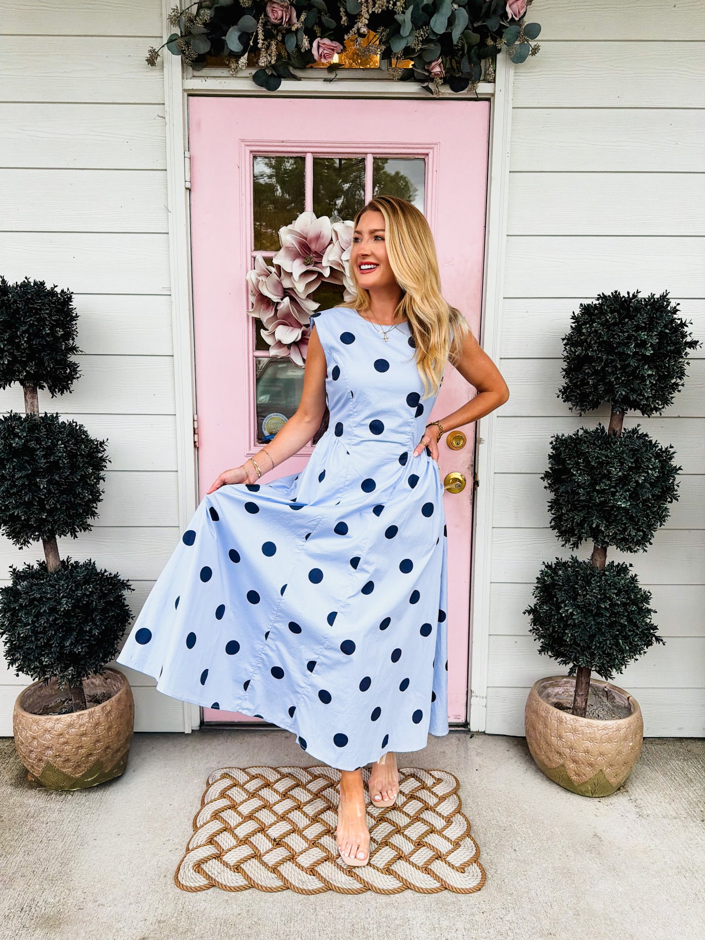 Getaway Sleeveless Polka Dot Midi Dress - Blue/Navy