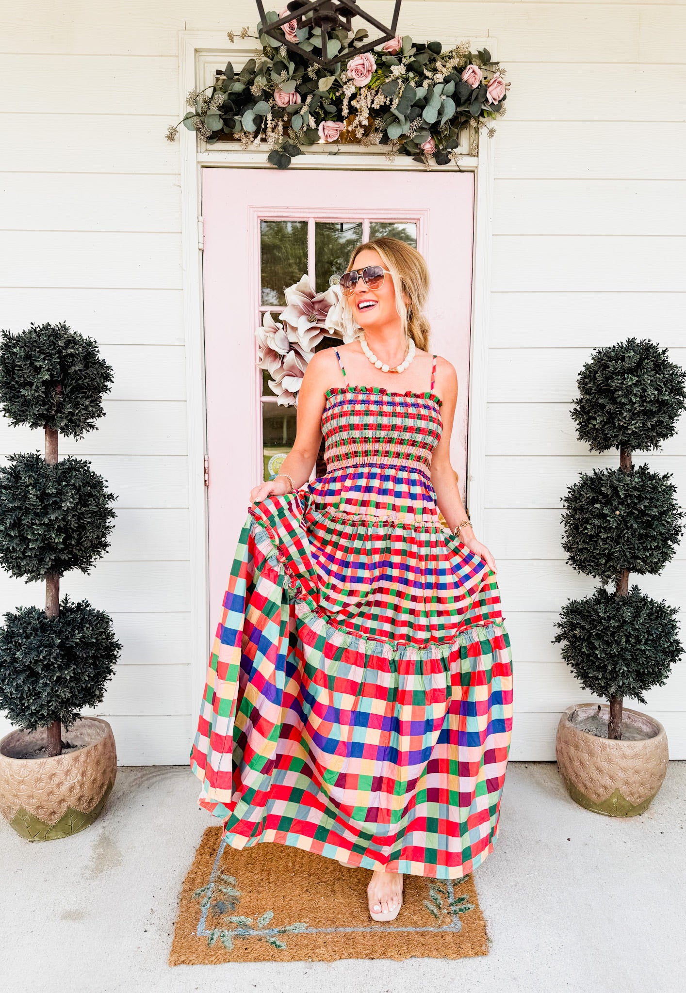 Major Move Smocked Bodice Plaid Tiered Maxi Dress - Multi