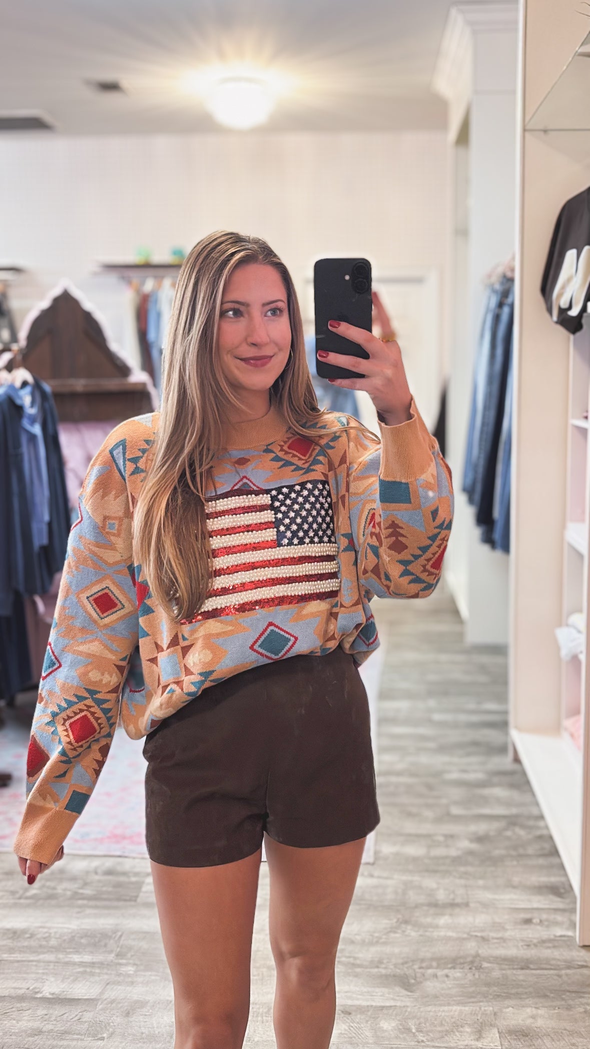 Queen of Sparkles USA Flag Aztec Print Knit Sweater