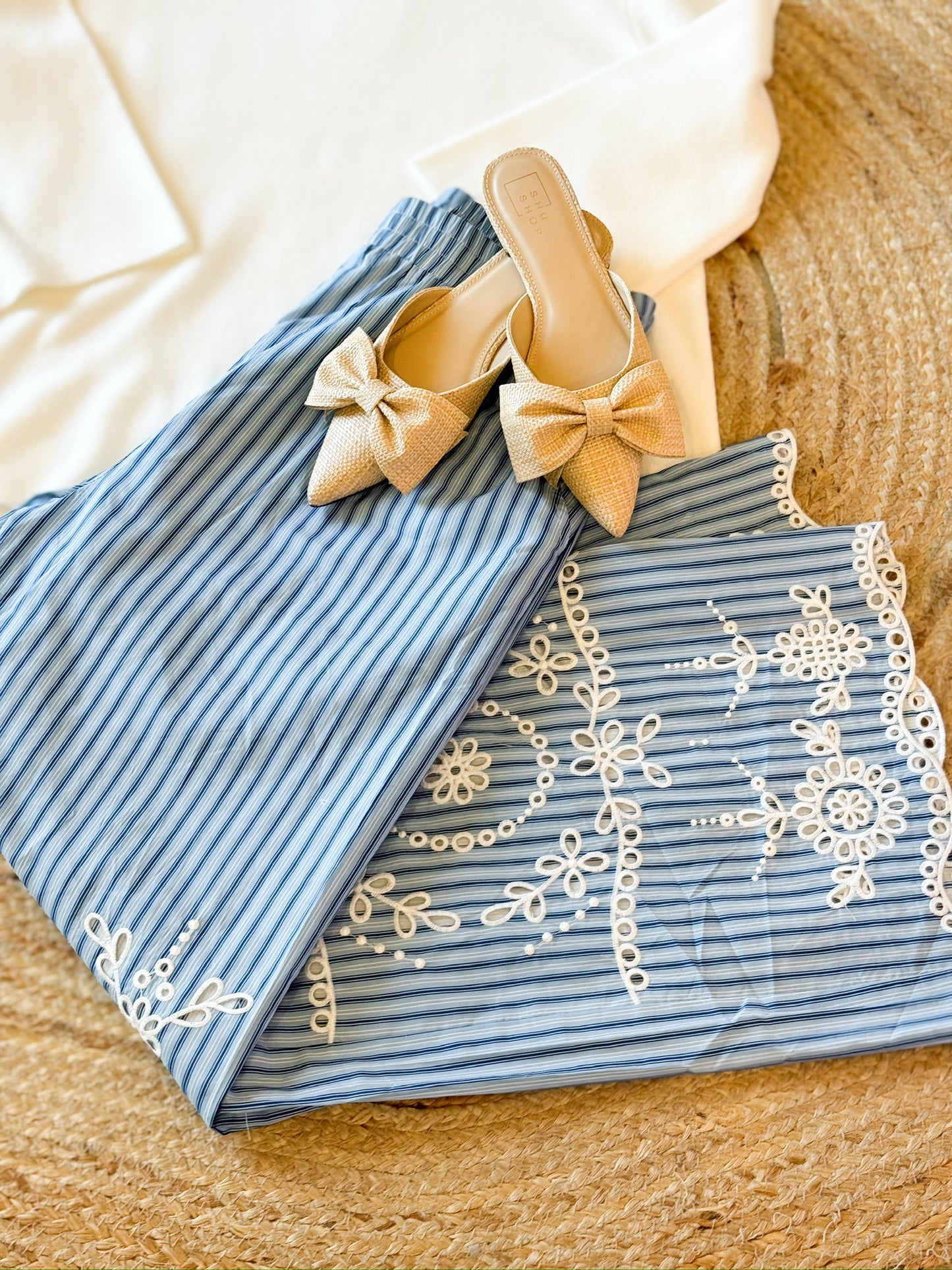 Looking Ahead Striped Elastic Waist Eyelet Pant - Blue