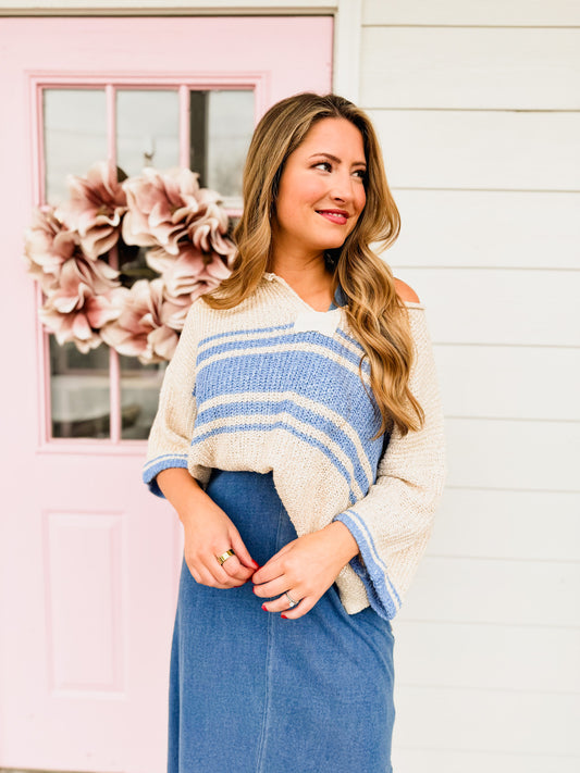 A Favorite Striped Notched Neck Cropped Sweater - Denim