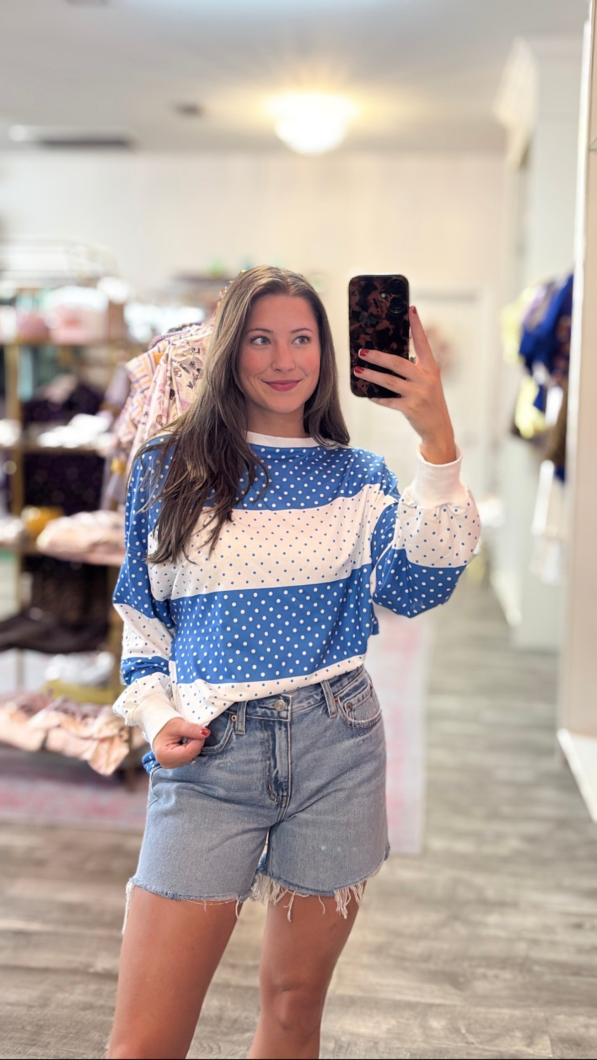 Polka Dot Patchwork Colorblock Long Sleeve Top - Blue