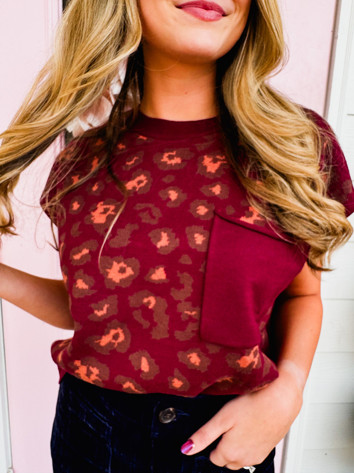 On To The Next Animal Print Cap Sleeve Top - Burgundy