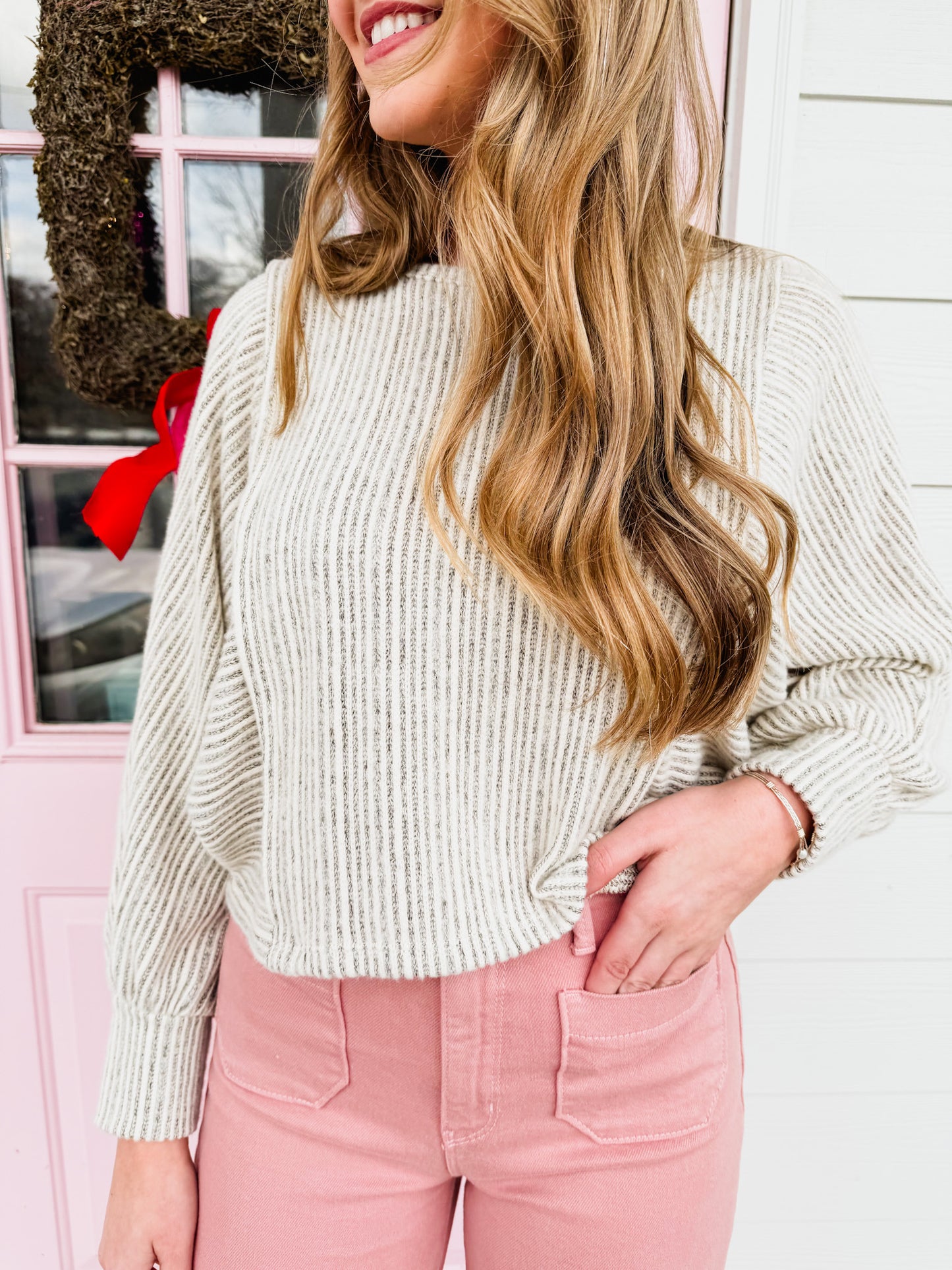 Arden Stripe Dolman Sleeve Knit Top - Grey Ivory