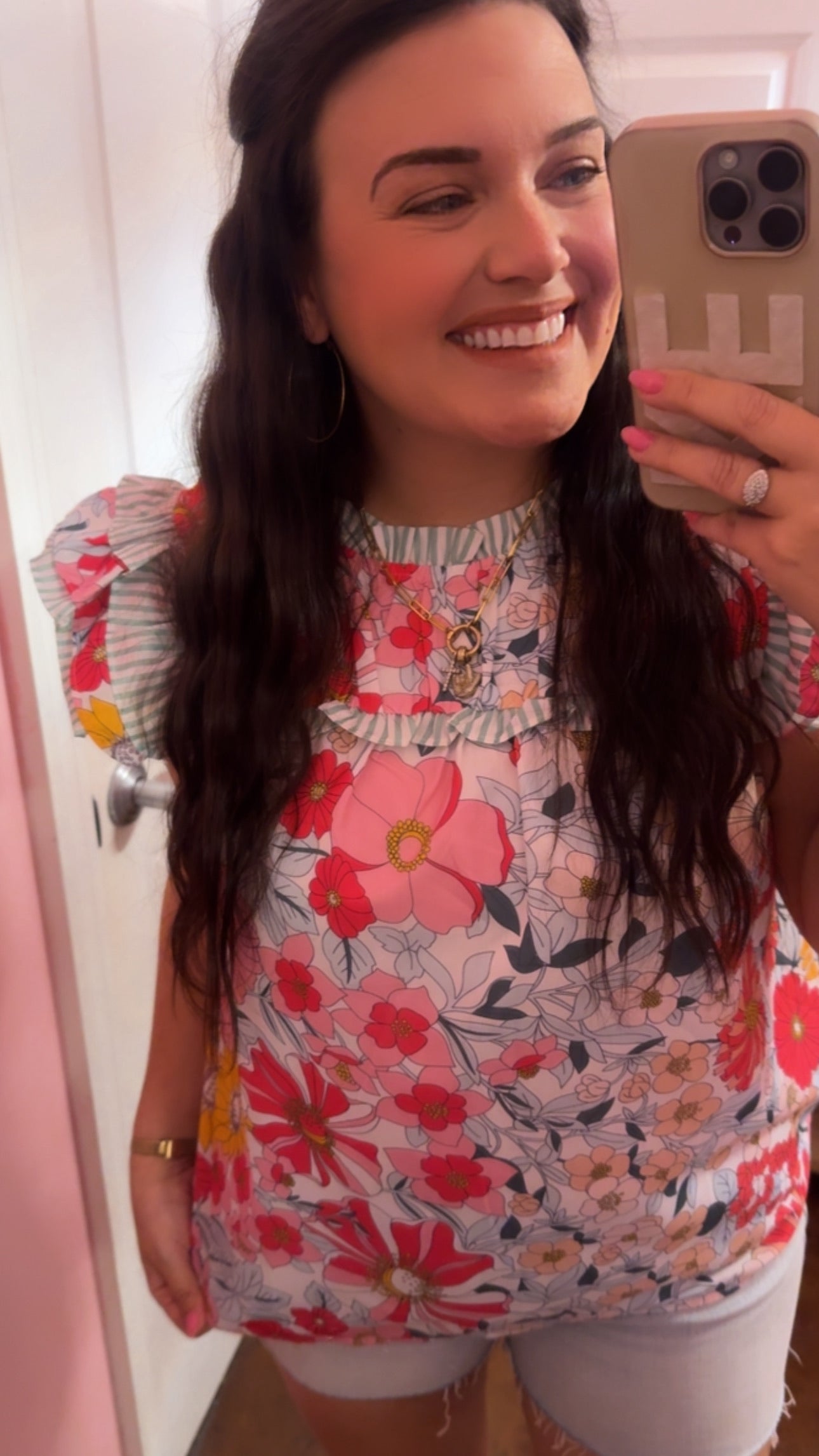 Spread Your Wings Floral Print Contrast Ruffle Trim Short Sleeve Top - Pink