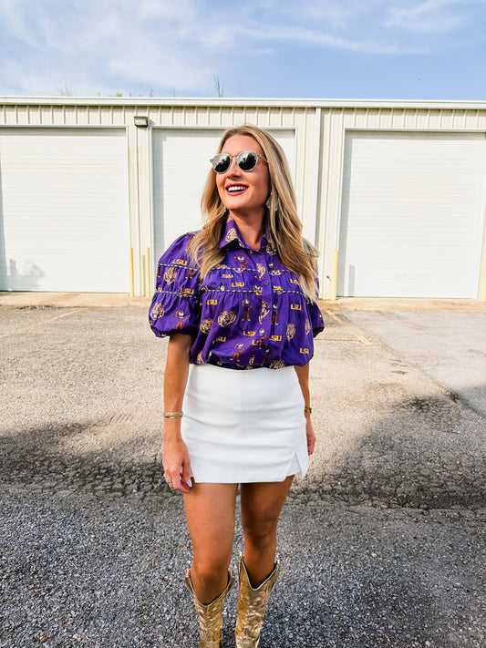 LSU Licensed Purple Babydoll Button Up with Scattered Multi Logos - Purple